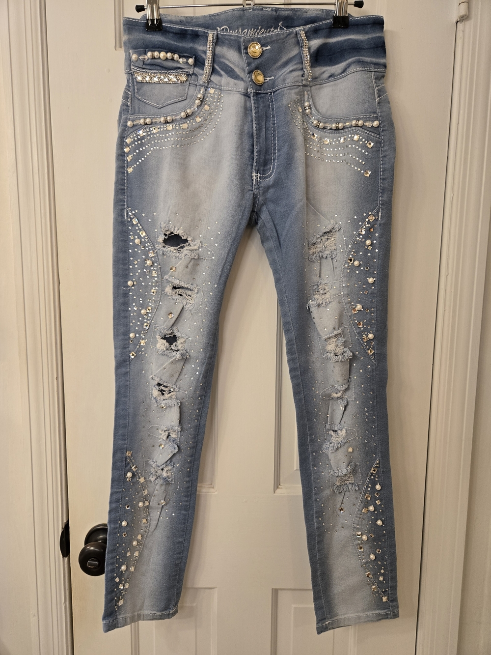 Light Blue Distressed Skinny Jeans with Crystal & Pearl Accents
